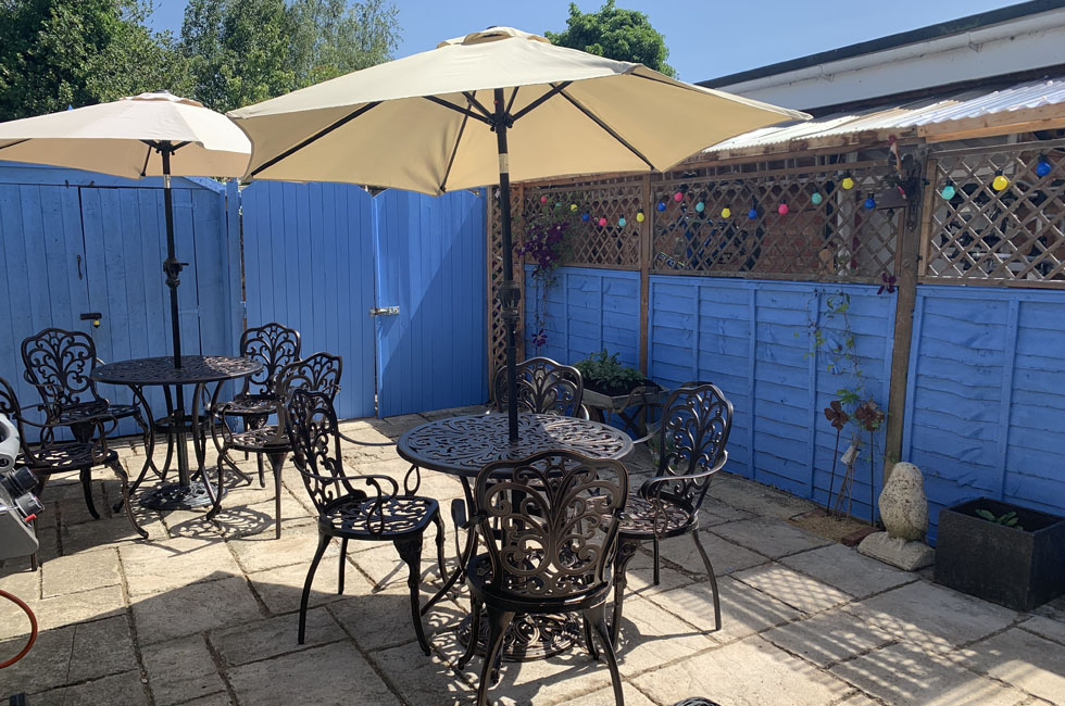 Courtyard garden at Michael's tearoom and coffee shop in Malmesbury Wiltshire